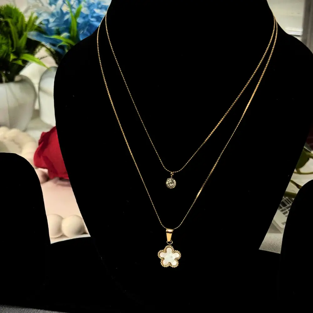 Gold Layered Necklace with Solitaire & White Clover Pendants