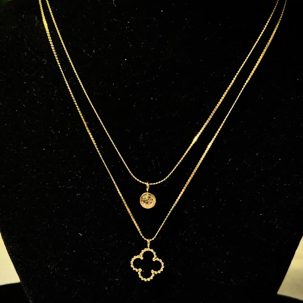 Gold Layered Necklace with Solitaire & Black Clover Pendants
