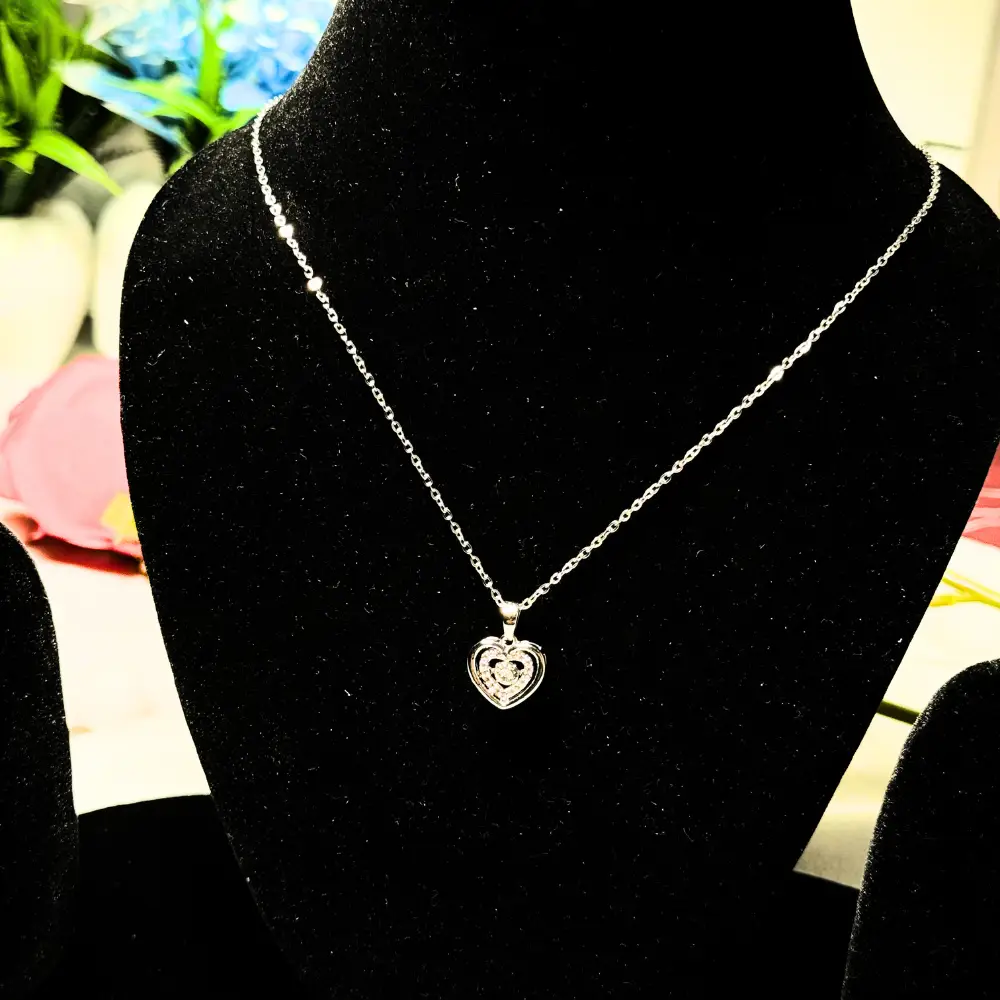 Silver Heart Pendant Necklace with Sparkling Crystals