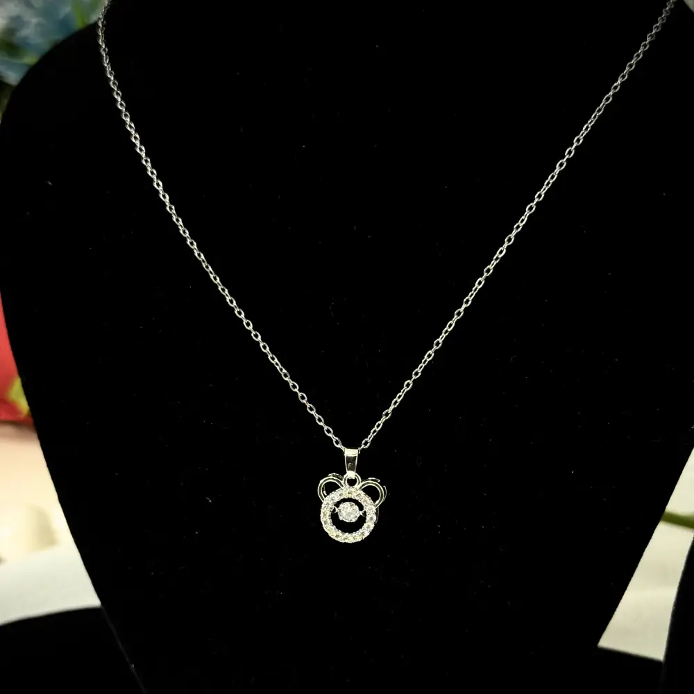 Silver Pendant Necklace with Crystal-Embellished Bear Design