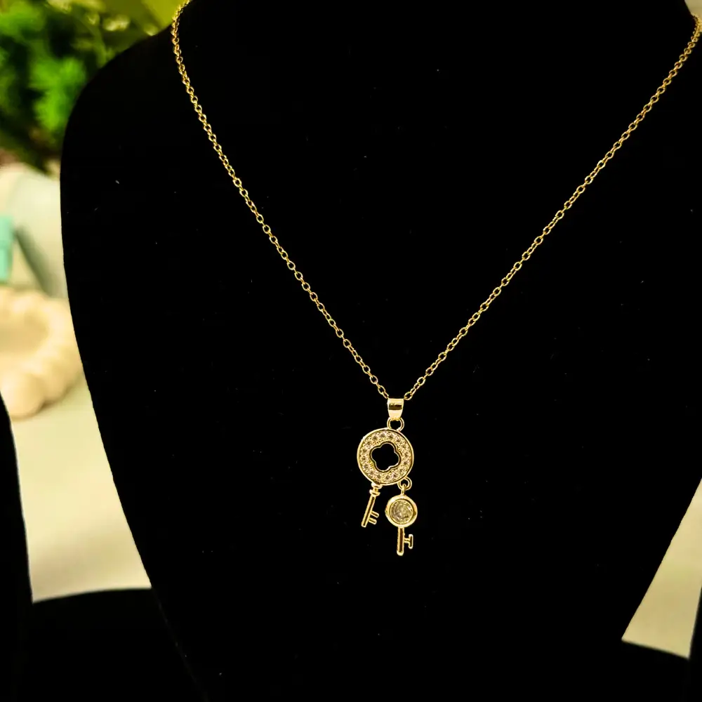 Gold Key Charm Pendant Necklace with Crystal Accents