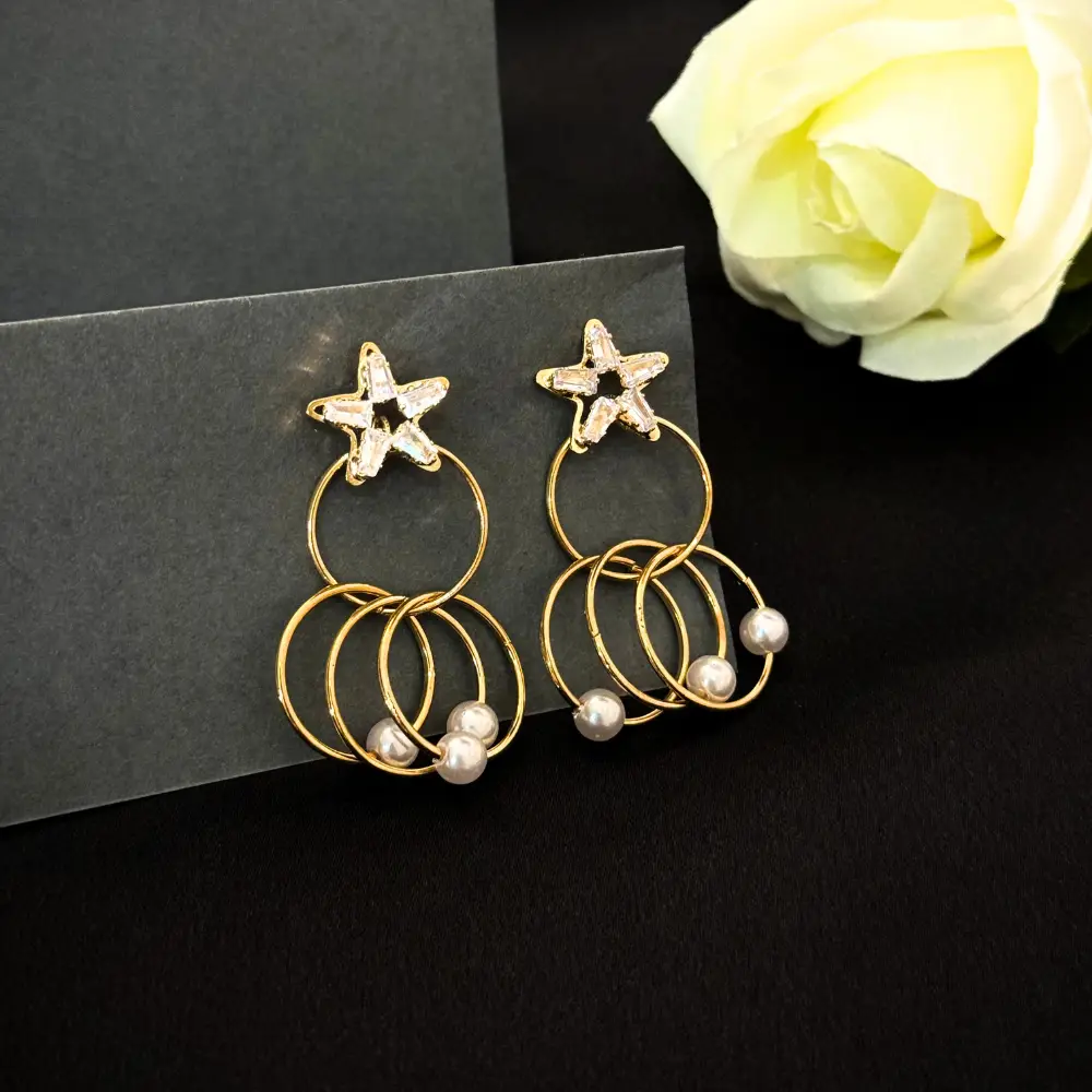 Elegant Star & Pearl Hoop Drop Earrings