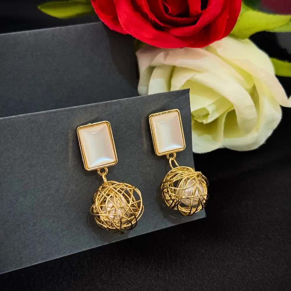 White Stone & Gold Wire Ball Drop Earrings