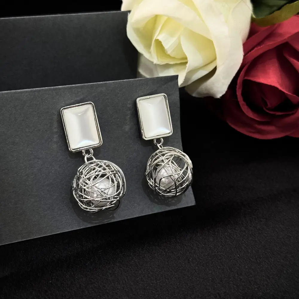 White Stone & Silver Wire Ball Drop Earrings