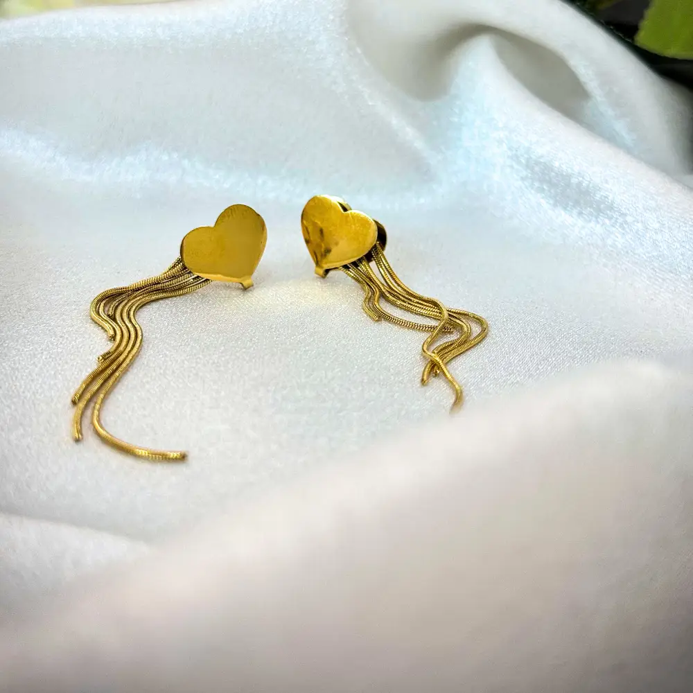 Gold-Tone Heart Dangler Earrings with Chain Tassels