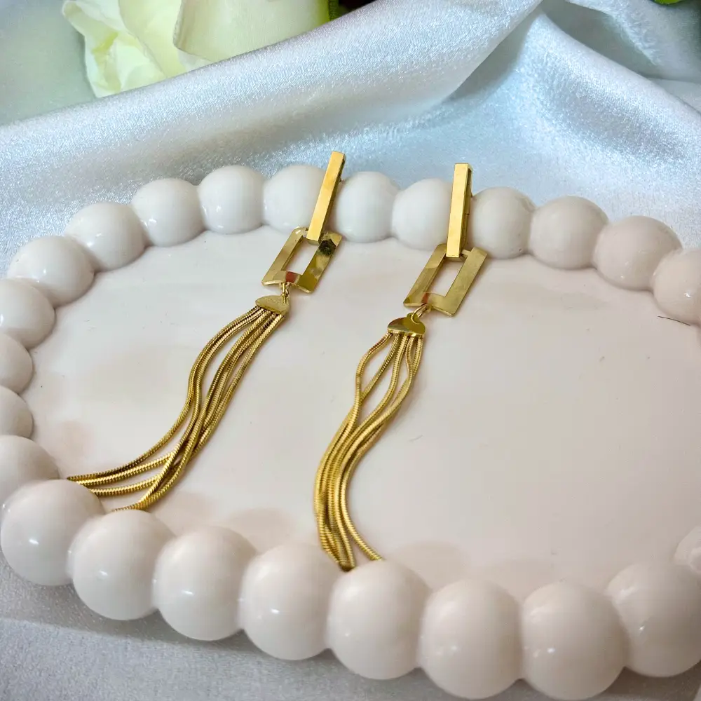 Geometric Long Dangler Earrings with Gold Chain Tassels